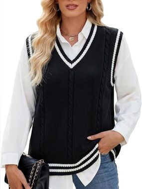 NWOT Amazon Women's Preppy Sweater Vest - V-Neck Cable Knit Top. Size Small